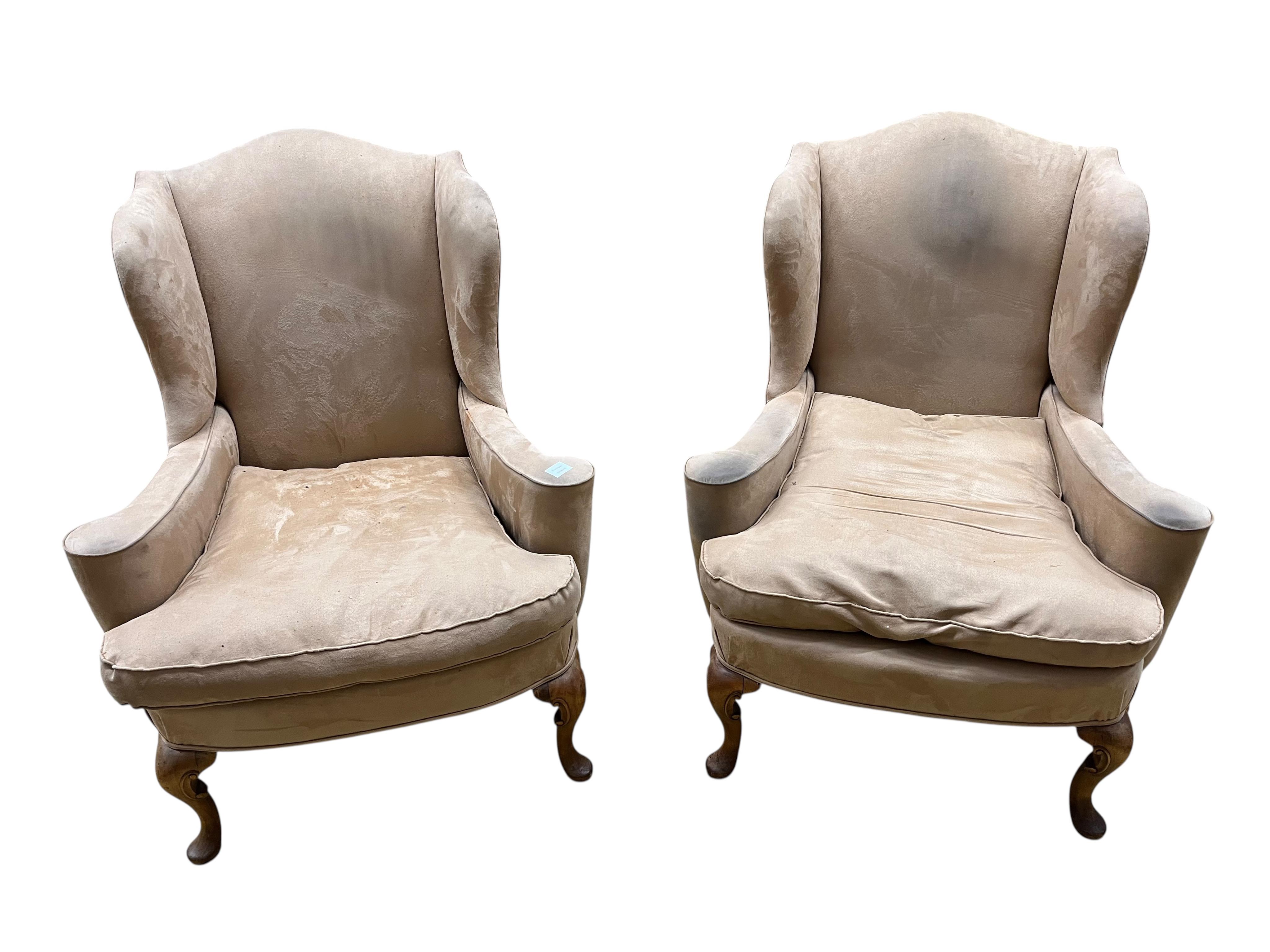A pair of George III upholstered armchairs, width 85cm, depth 65cm, height 106cm